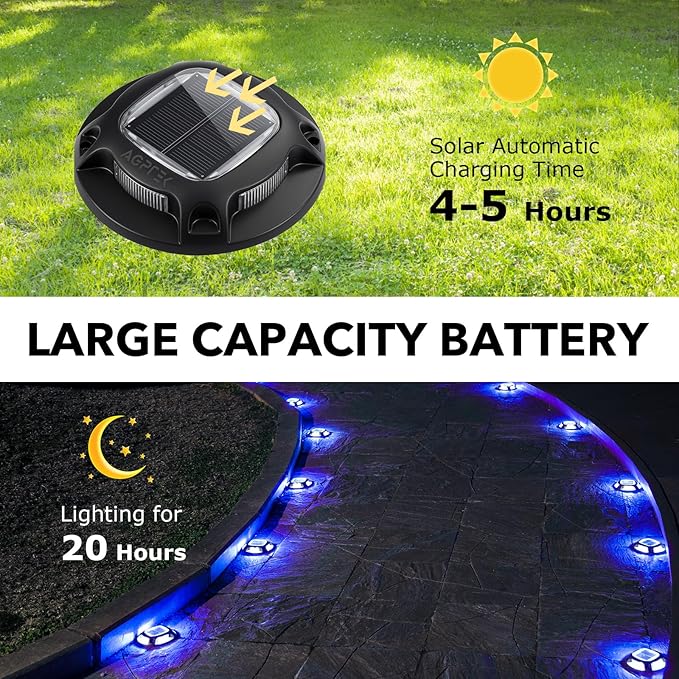 AGPTEK Solar Driveway Lights Outdoor 4 Pack 2 Color Modes LED Deck Dock Marine Waterproof Security Marker Lights for Step Sidewalk Stair Garden Pathway Walkway Yard(Blue Light/Cool White Black)