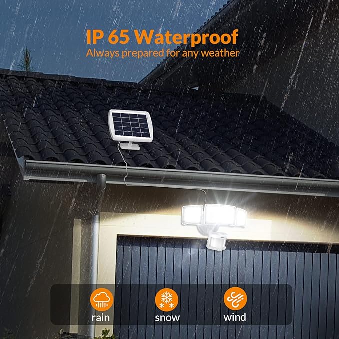 LEPOWER 1600LM LED Solar Security Lights Motion Outdoor Motion Sensor Light 5500K White Light IP65 Waterproof Outdoor Flood Solar Light with 3 Adjustable Head for Yard Garage（White）