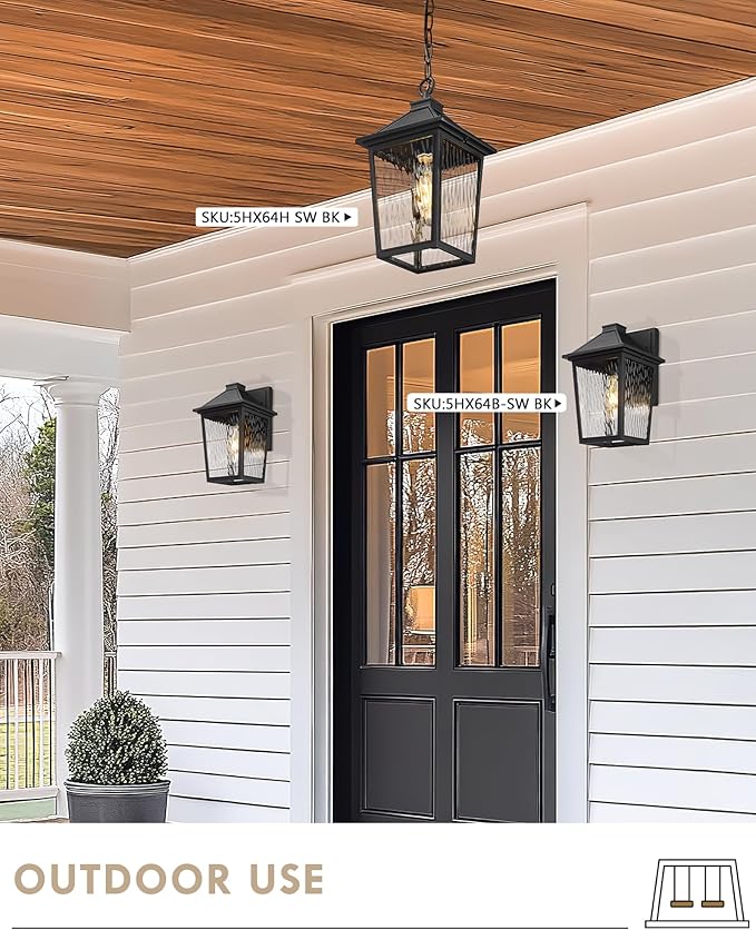 Outdoor Hanging Pendant Light HWH 12 Inch Hanging Porch Light Outdoor Pendant Light Fixture with Adjustable Chain Die-Cast Aluminum with Water Ripple Glass 5HX64H SW BK