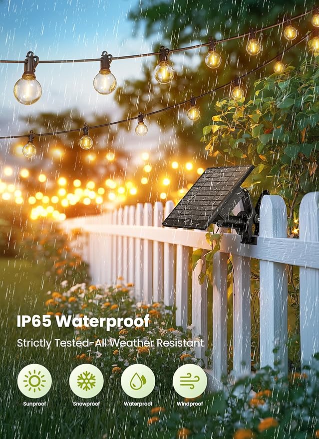 Brightown 75FT Solar String Lights Outdoor Waterproof with Remote Solar Patio Lights with 35 Shatterproof LED Bulbs 3 Light Mode Dimmable &amp Timer Hanging String Lights for Porch Garden Bistro