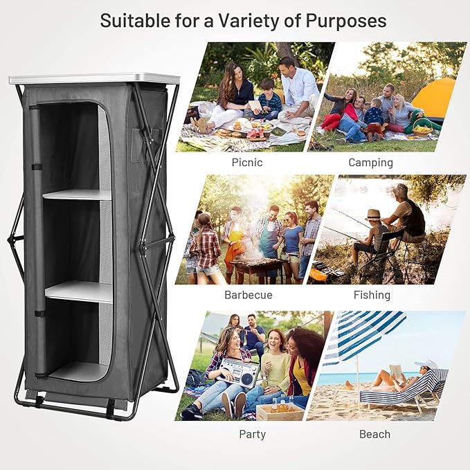 Giantex Folding Camping Storage Cabinet with 3 Shelves and Carry Bag Portable Outdoor Organizer Kitchen Table Quick Set-up for BBQ Picnic Backyard Compact Pop-Up Cupboard 55''H
