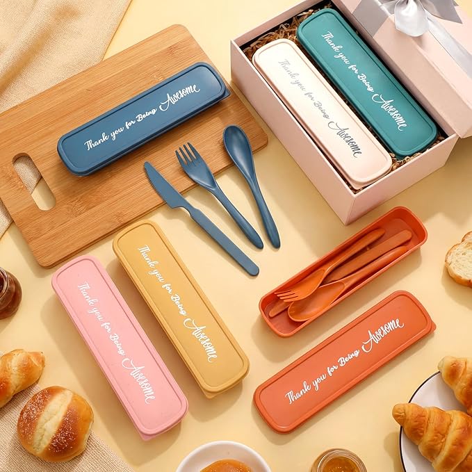 24 Pcs Employee Appreciation Week Gift Bulk Staff Reusable Travel Utensils Set with Case Wheat Straw Cutlery Portable Spoon Knife Fork Tableware Lunch Box Accessories for Picnic(Light Color)