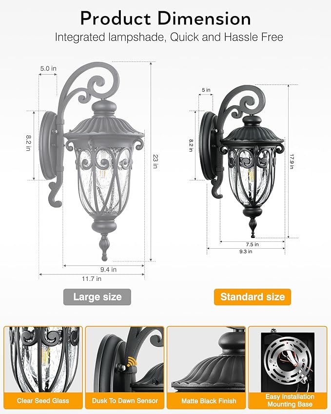 VIANIS Outdoor Lights for House Dusk to Dawn Black Porch Lights Waterproof Outdoor Light Fixture with Seed Glass Exterior Lighting Fixtures for House Doorway PorchGarage