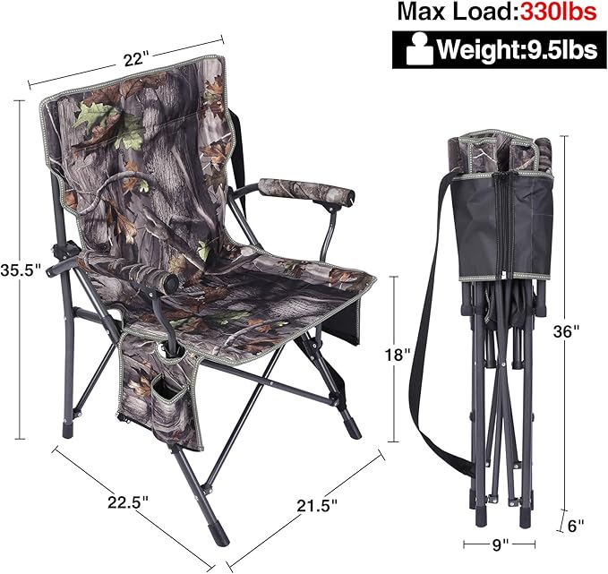REDCAMP Oversized Hunting Chairs for Blinds Portable Folding Camo Camping Chairs for Adults Hunting Seats with Hard Arms for Outside Outdoor Camouflage