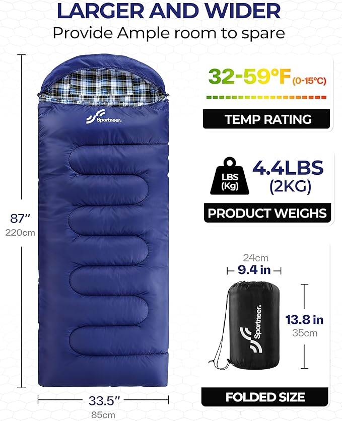 Sportneer 0 Degree Sleeping Bag for Cold Weather XL Winter Sleeping Bag for Adults Flannel Lined Camping Sleeping Bag 32°F–59°F Rated 87 x 33.5 4.4 lbs Detachable Hood Compression Sack