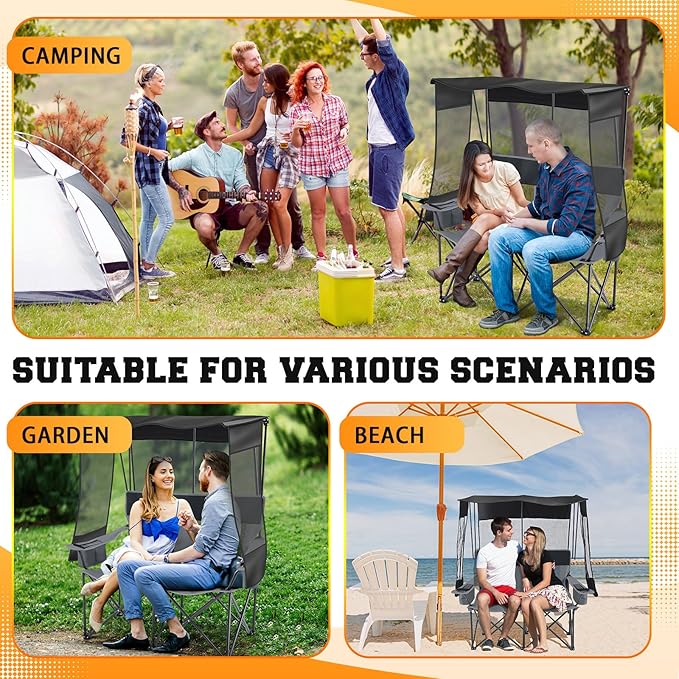 Double Camping Chair with Canopy Shade - 2 Person Beach Loveseat Folding Camp Chair with Cup Holders &amp Cooler Bag Portable Heavy Duty Outdoor Seating for Camping Beach Sports Backyard