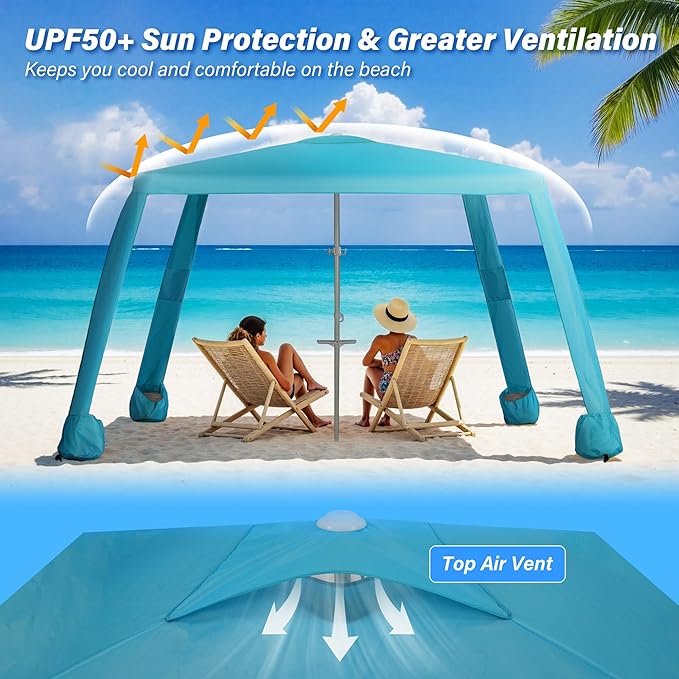 Beach Cabana-6.6x6.6’Beach Canopy with Side WallPortable Umbrella Tent with Sand Pockets for Family &amp FriendsEasy Up Beach Sun Shelter for Outdoor PatiosBackyardsand CampingBlue