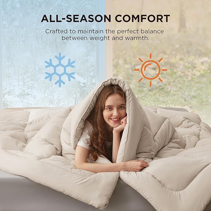Bedsure Comforter Duvet Insert - Quilted Comforters Twin Size All Season Duvet GentleSoft Down Alternative Bedding with 8 Tabs Gifts for Women/Men Linen Twin 88 x 68 Inches