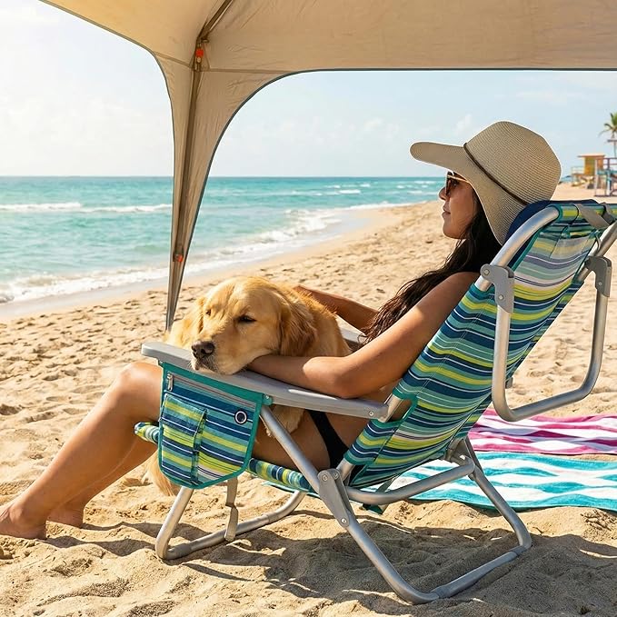 Aluminum Backpack Low Profile Beach Chair - 5-Position Lay Flat Reclining Folding Chair with Removable Cooler Bag - Heavy Duty 330 lbs Capacity Lightweight Portable Sand Seat - Striped Green