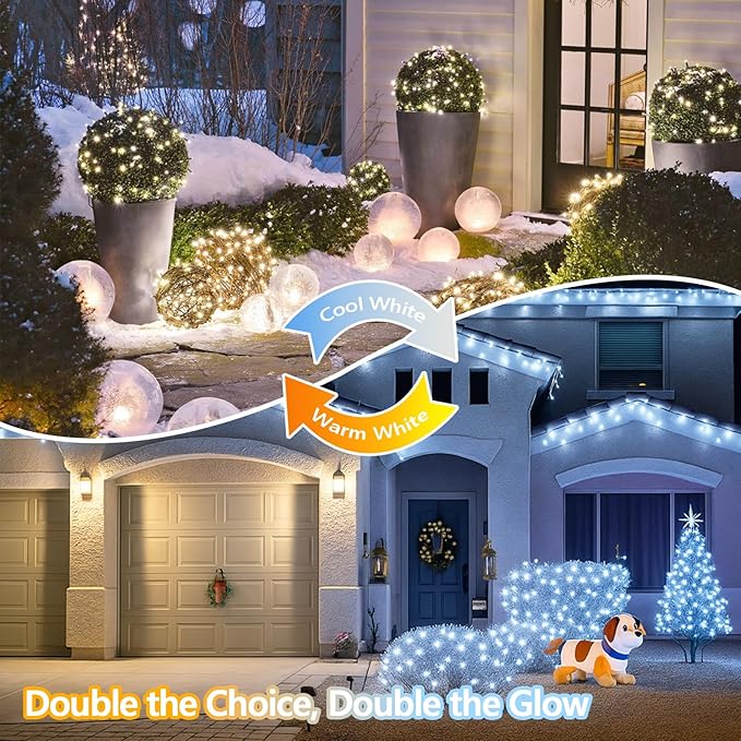 Warm White and Cool White Color Changing Solar String Lights for Outside 2 Pack 400LED Solar Fairy Lights Outdoor Waterproof Copper Wire with 8 Modes Solar Twinkle Lights for Tree Garden Party