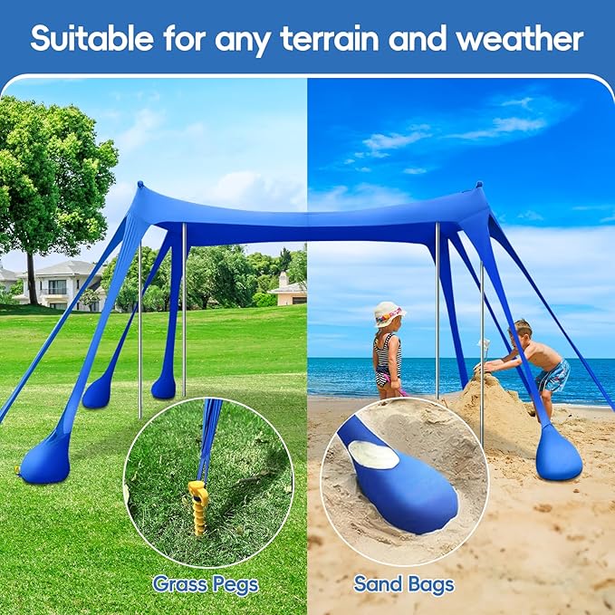 Beach Tent Sun Shelter 10x10ft Shade Canopy Sunshade UPF50+ with 8 Sandbags Sand Shovels Ground Pegs &amp Stability Poles Portable Carry Bag for Family PartyCampingFishingBackyardPicnics