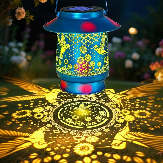 Hummingbird Solar Lanterns Outdoor Waterproof Brim Garden Decor Birthday Gifts for Women Mom GrandmaBlue Spray Paint Metal Hanging Solar Lights Outside Decorative for Yard Patio Backyard