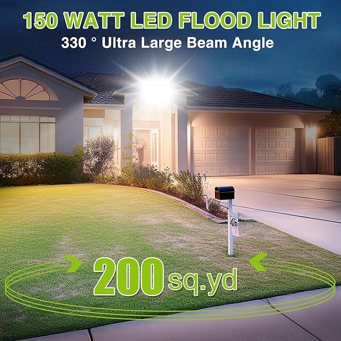 2 Pack LED Flood Lights Outdoor STASUN 150W 15000lm 6000K Daylight White IP66 Waterproof Commercial Parking Lot Lights 3 Heads for Yard Street Stadium Outdoor Area Floodlight Bright Security Lights