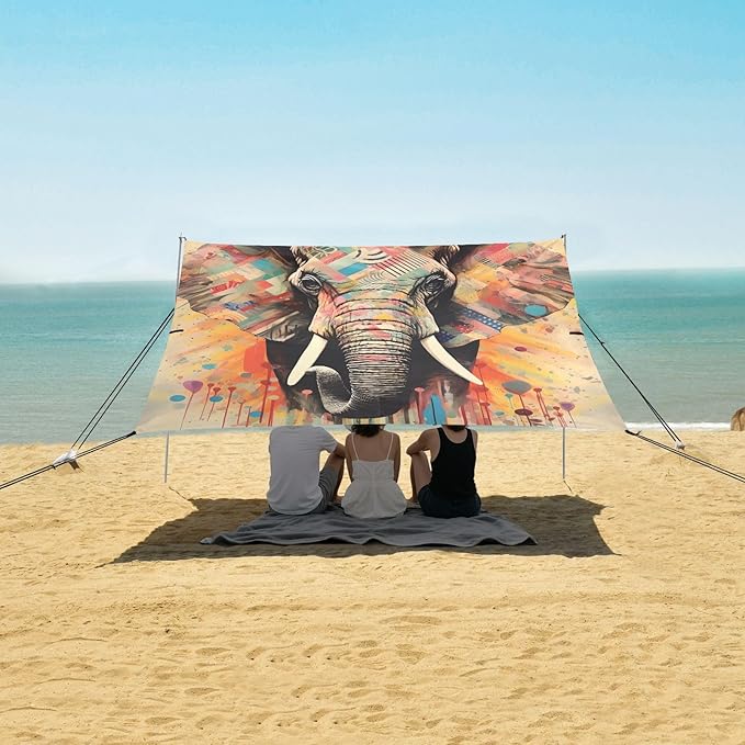Beach Tent Sun Shelter Elephant Colored Checkered Lines Lightweight &amp Easy Setup Beach Shade Canopy for Camping Fishing