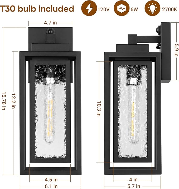 WIHTU Motion Sensor Exterior Porch Light Fixtures Water Ripple Outdoor Wall Lantern 2 Pack Sensor Wall Sconce Lights Waterproof Outside Lantern Lamp Porch Lamp for Garage Doorway(Bulb Included)