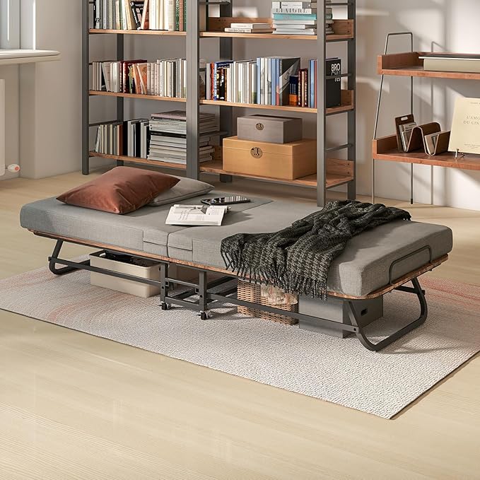 Portable Folding Bed with Memory Foam Mattress - 450 LBS Capacity Lockable Wheels &amp Sturdy Metal Frame