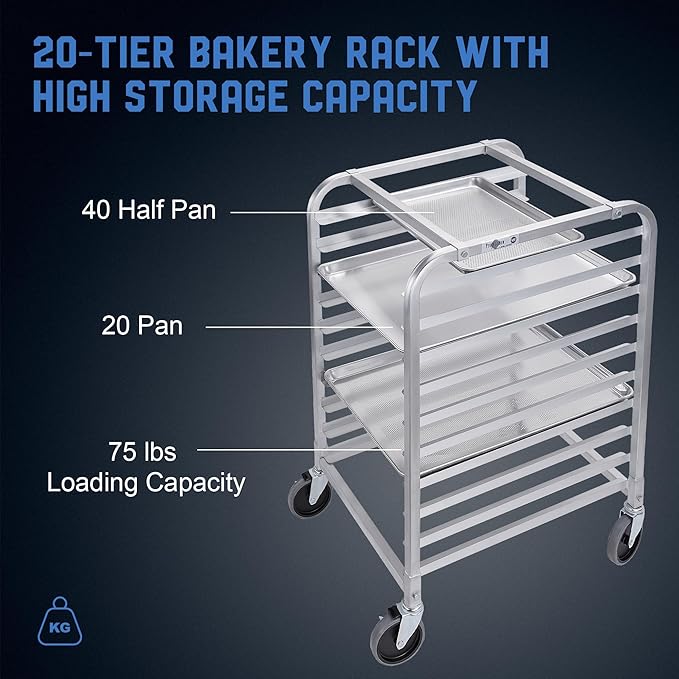 Profeeshaw Bun Pan Bakery Rack 20 Tier with Wheels Aluminum Racking Trolley Storage for Half or Full Sheets