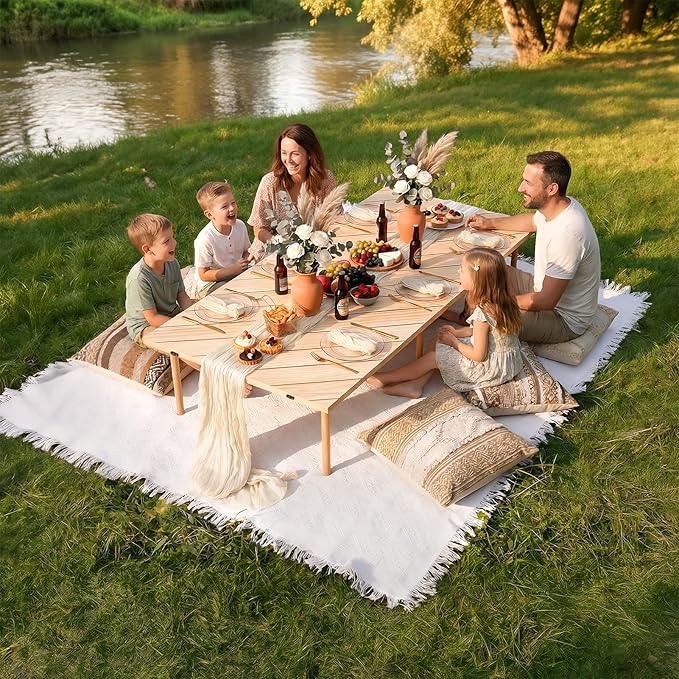 Boho Picnic Blanket Set 91 x 71 Woven Cotton Picnic Blanket with Beige Table Runner and 6 Handmade Cloth Napkins Bohemian Outdoor Picnic Setup for Beach Camping Wedding Decor
