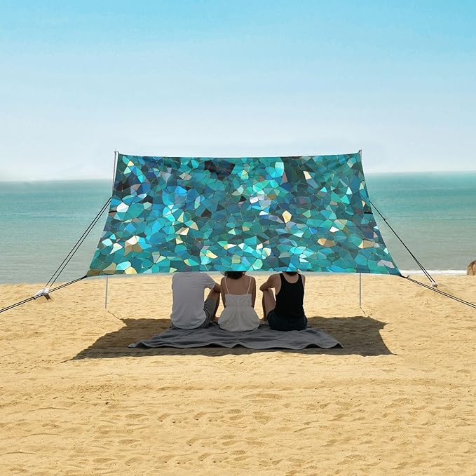 Rainbow Mosaic Textured Beach Tent Sun Shelter 9.2' x 10.5' Beach Canopy with 4 Sandbags 4 Stability Poles Sand Shovels - Tent Canopy for Beach Camping Fishing Picnics