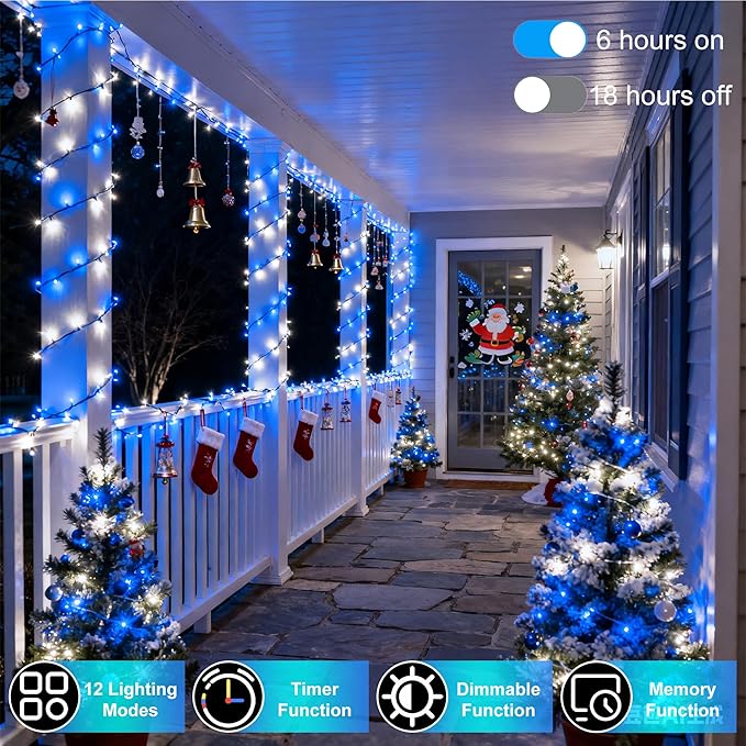 1500 LED 470FT Christmas String Lights Outdoor 12 Pro Modes and Timer Memory &amp Brightness Plug in Waterproof Clear Wire Twinkle Light for for Xmas Yard Tree Wedding Party Decor (Blue &amp White