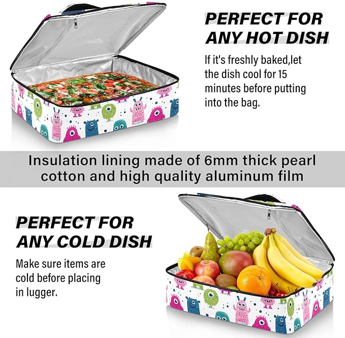 Casserole Carrier Colorful Cute MonstersInsulated Casserole Carrier for Hot or Cold Food Thermal Lunch Tote for Potluck Parties Picnic Beach Fits 9 x 13 Inches Baking Dish