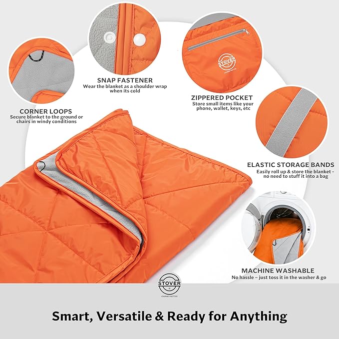STOVER Large Waterproof Outdoor Stadium Blanket- Extra Thick Soft Fleece Camping Blanket for Travel Picnics Sports Dogs- 79x55 Warm Windproof Sand-proof Lightweight Packable (Game Day Orange)