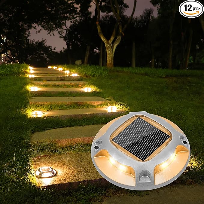 VOLISUN Solar Driveway Lights Dock Marine Lights 12 Pack2 Colors in 1Outdoor IP67 LED Deck LightSolar Powered Waterproof Warning Step Light for Driveway Sidewalk Pathway (White/Warm White)