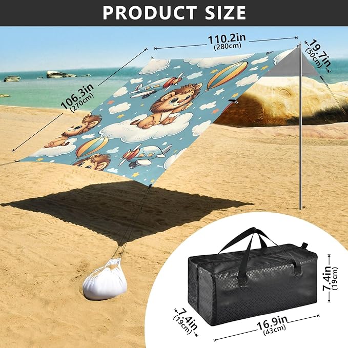 Cute Lion Cubs Flying in The Sky Camping Sun Shelter Beach Tent Portable Beach Sun Shade Outdoor Canopy for Camping Trips Fishing Picnic