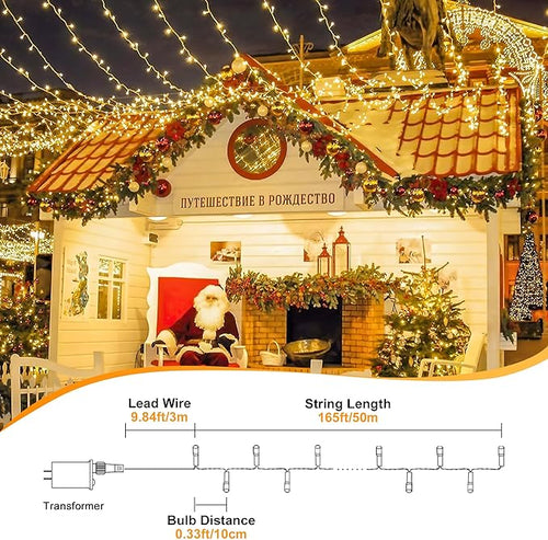 165 FT 500 LED Christmas Lights Outdoor Indoor Plug in Warm White String Lights for Outside Waterproof Connectable Clear Wire Twinkle Light for Christmas Tree Bedroom Classroom Party Decor