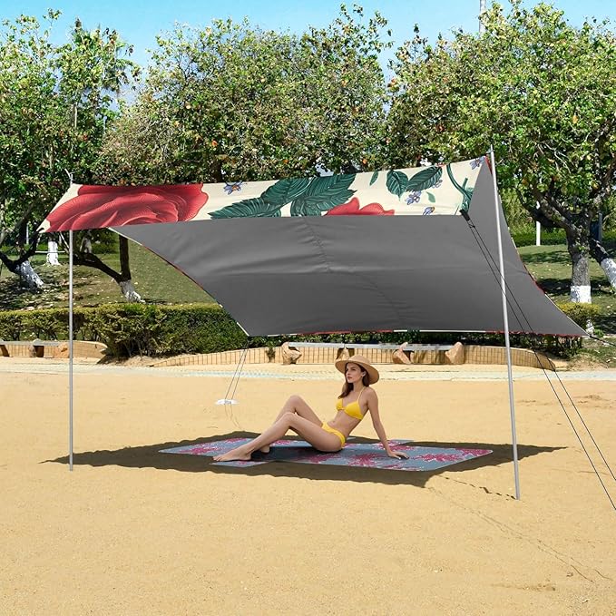 Bolaz Beach Canopy Tent Sun Shade9'×10.5' Large Family Beach Shade UPF50+- Outdoor Shade for Camping Trips FishingRed Rose Pattern