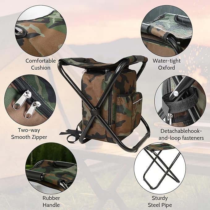 Folding Camping Chair Stool Backpack with Cooler Insulated Picnic Bag Portable Hunting Fishing Multifunction Chair for Outdoors Hiking Hunting Travel (Camouflage)
