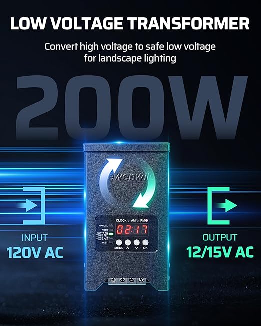 DEWENWILS 200W Low Voltage Landscape Transformer 120V to 12V/15VAC Landscape Lighting Transformer Dusk to Dawn Sensor &amp Timer Weatherproof Low Voltage Transformer for Spotlight Pathway Light