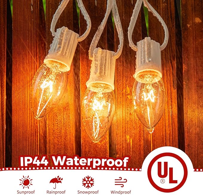 Minetom C9 Clear Christmas String Lights 25FT 25 Blubs Bright &amp Warm Outdoor Christmas Lights Long Life C9 String Lights for Tree Patio Gazebo Wreath White Wire