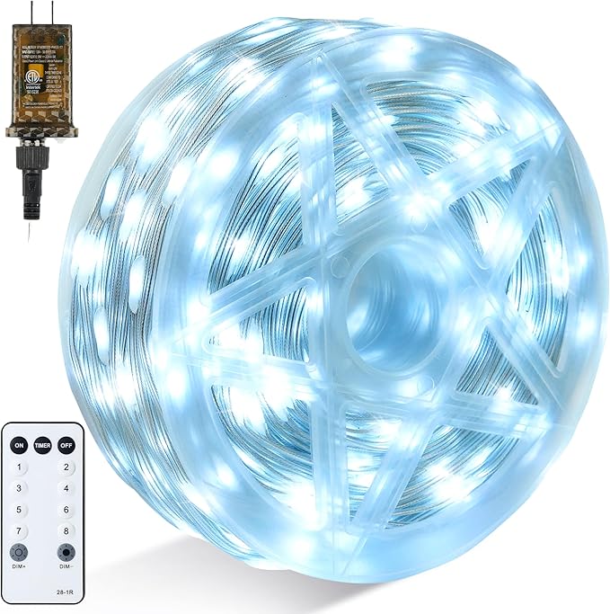 Joiedomi 600 LED Christmas Lights Outdoor197 FT Cool White Christmas Tree Lights with 8 Modes Timer PVC Clear Wire String Lights with Reel for Indoor Outdoor Holiday Xmas Eve Night Decorations