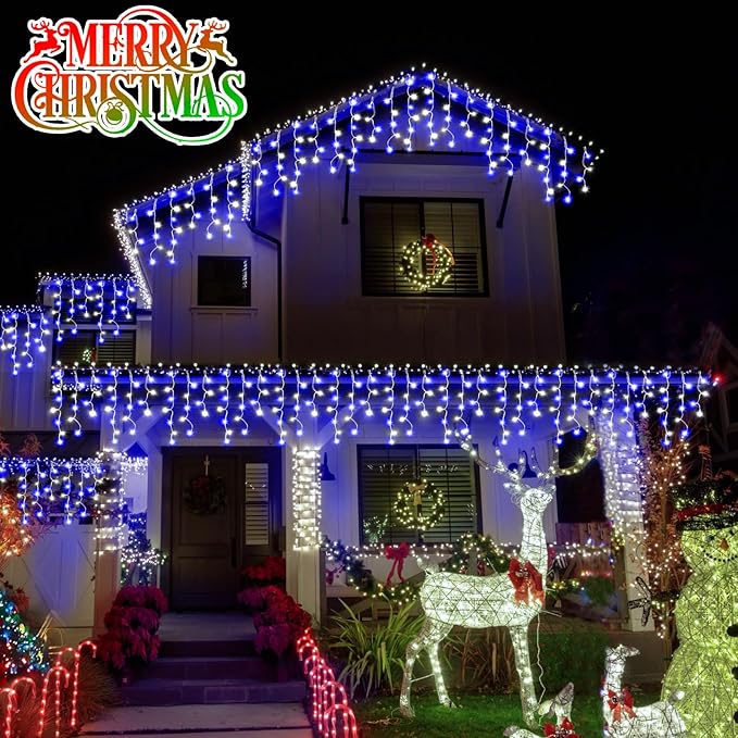 Christmas Lights Outdoor 2 Pack Total 98FT 960 LED Ice Lights for Outside with 180 Drops 8 Modes Timer Memory Plug in Waterproof for Holiday Eaves Yard Roof Party Decor (Blue and Cool White)