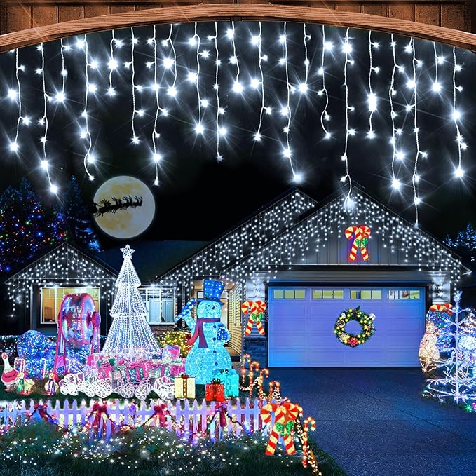 Heceltt White Christmas Lights Outdoor 49FT 480 LED Ice Lights for Outside with 90 Drops Clear Wire 8 Modes Timer Plug in Waterproof for Holiday Eaves Yard Roof Party Christmas Decoration