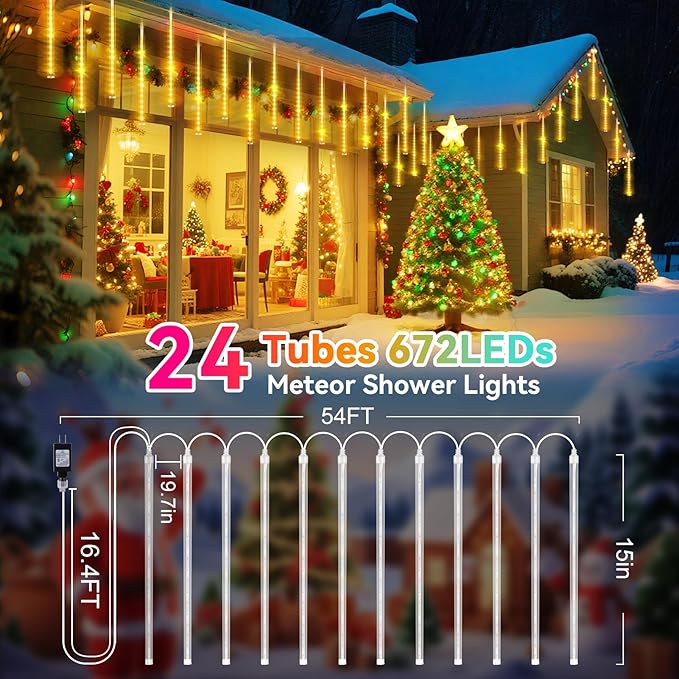KNONEW Christmas Lights Outdoor 15 inch 24 Tubes 672 LED Meteor Shower Lights Plug in Waterproof Falling Rain Light for Xmas Tree Wedding Party Garden Holiday Rooftop Decorations (Warm White)