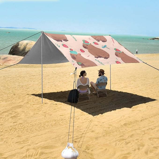 Capybara Strawberry Pattern Camping Sun Shelter Beach Tent Portable Beach Sun Shade Outdoor Canopy for Camping Trips Fishing Picnic