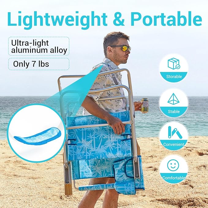 #WEJOY High Back Beach Chair 4 Position Adjustable Heavy Duty Aluminum Folding Backpack Camping Chairs with Wooden Armrest Storage Bag &amp Cup Holders for Outdoor Travel Fishing (Blue White)