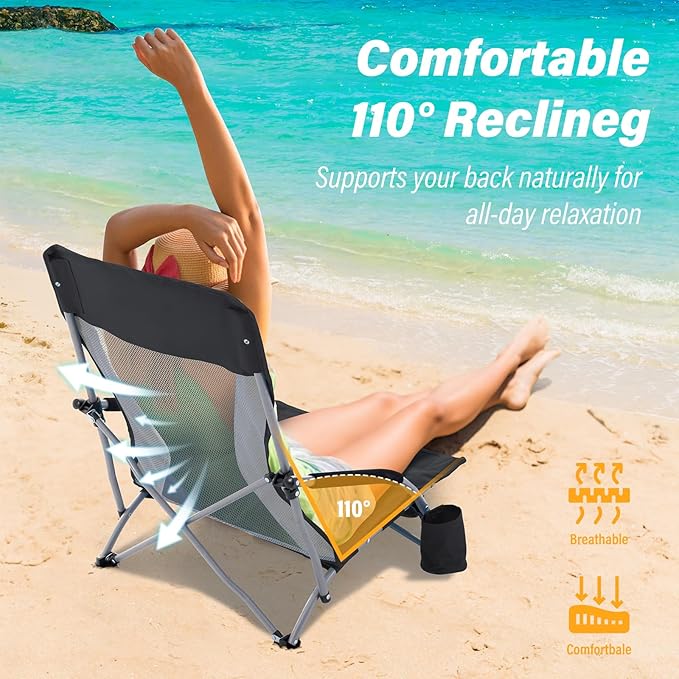 Homcosan Portable Low Folding Beach Chair - Lightweight Camping Chair for Adults with Cup Holder &amp Storage Pocket Carry Bag Included (Black &amp Gray)