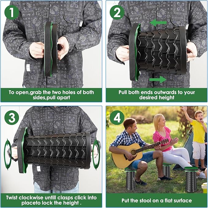 Folding Camping Stool Square Collapsible Portable Stool with Elastic Seat Cushion&amp Adjustable Nylon Bag Sturdy Lightweight Telescoping FoldableMax Load 485lb (Green)