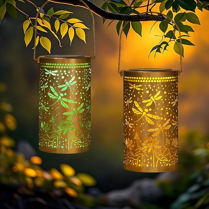 Fabuday Dragonfly Gifts Outdoor Solar Lantern Waterproof - Hanging Solar Power 8 Color Light Led for Outside Garden Decor for Patio Porch Balcony Yard and Deck Gardening Gifts for Women 2 Pack