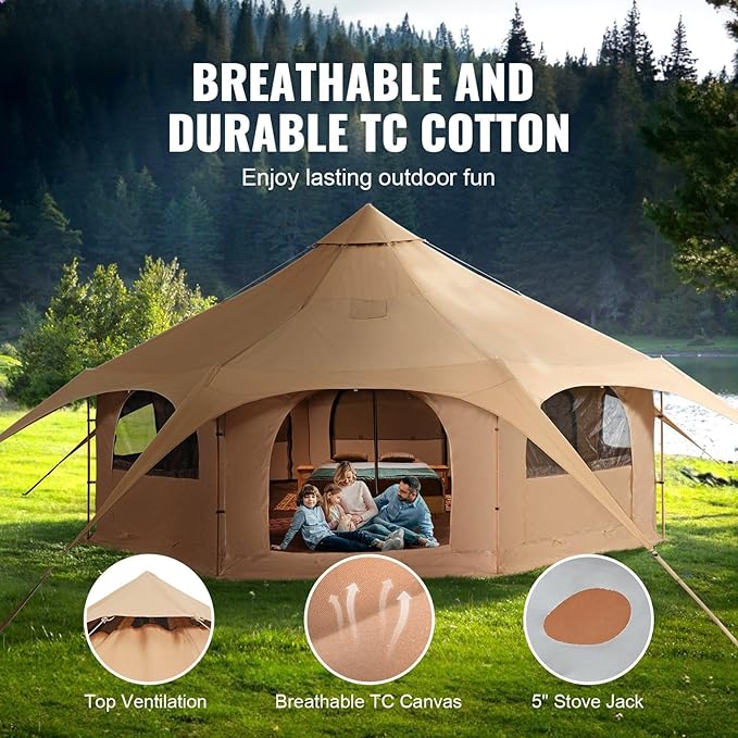 Canvas 4 Seasons 5 m/16.4 ft Bell Canvas Compatible with Camping with Stove Jack Breathable Yurt Compatible with up to 8 People Family Camping Outdoor Hunting Party
