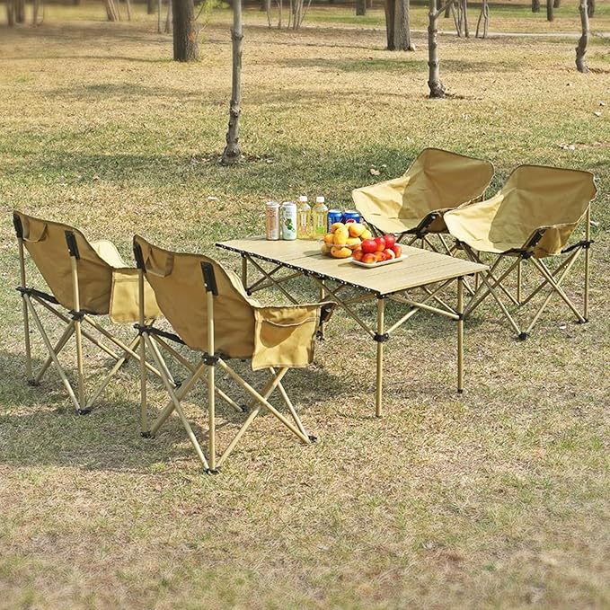 Portable Folding Camping Table and Chairs Set Lightweight Carbon Steel Roll Up Top Picnic Table Portable Outdoor Dining Set for BBQ Garden Hiking and Fishing