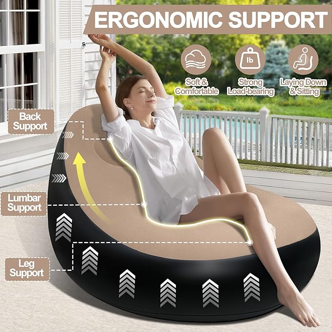 Inflatable Chair with Ottoman Inflatable Couch for Adults with Flocked Surface Comfortable Blow Up Air Chair Waterproof Portable Air Sofa Inflatable Couch for Camping(Brown) (Without Pump)