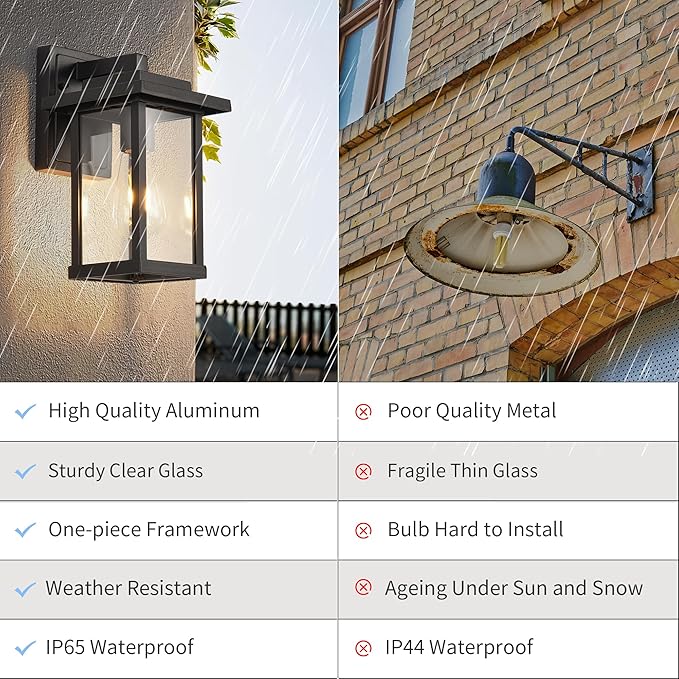 Outdoor Wall Light Fixtures Modern Exterior Wall Mount Lanterns Outside Wall Sconces in Black Finish with Clear Glass for Porch Patio Farmhouse 2-Pack