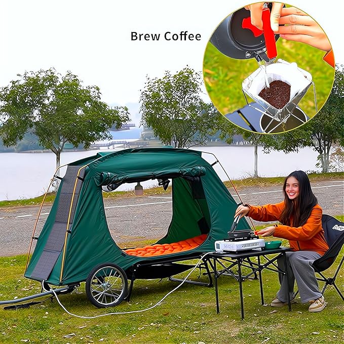 Premium Electric Bike Camper Trailer Tent Folding Waterproof Bicycle Camper with 16 Off-Road Wheels PU3000mm 2-Min Setup Elevated Sleeping with Mosquito Net for E-Bike Camping
