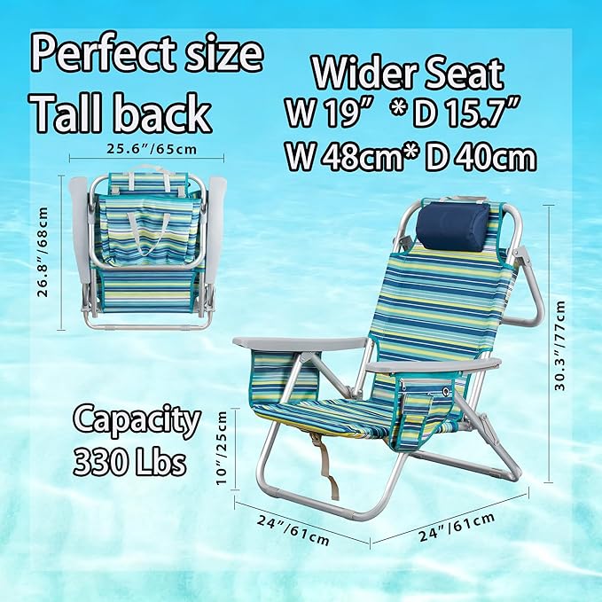 Aluminum Backpack Low Profile Beach Chair - 5-Position Lay Flat Reclining Folding Chair with Removable Cooler Bag - Heavy Duty 330 lbs Capacity Lightweight Portable Sand Seat - Striped Green