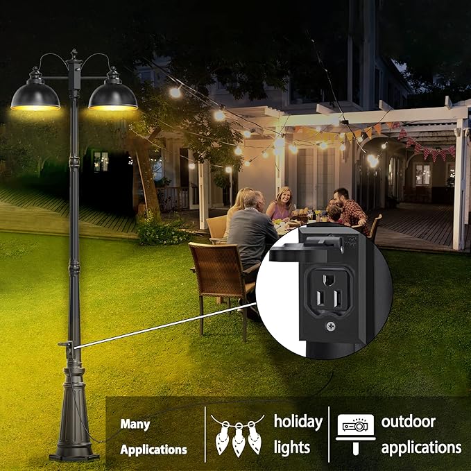 Dusk to Dawn Outdoor Lamp Post Lights with OutletDouble-Head Farmhouse Street Light FixtureAluminum Exterior Black Pole LightsWaterproof Lantern Lamp Outdoor Lighting for GardenPatioPathway