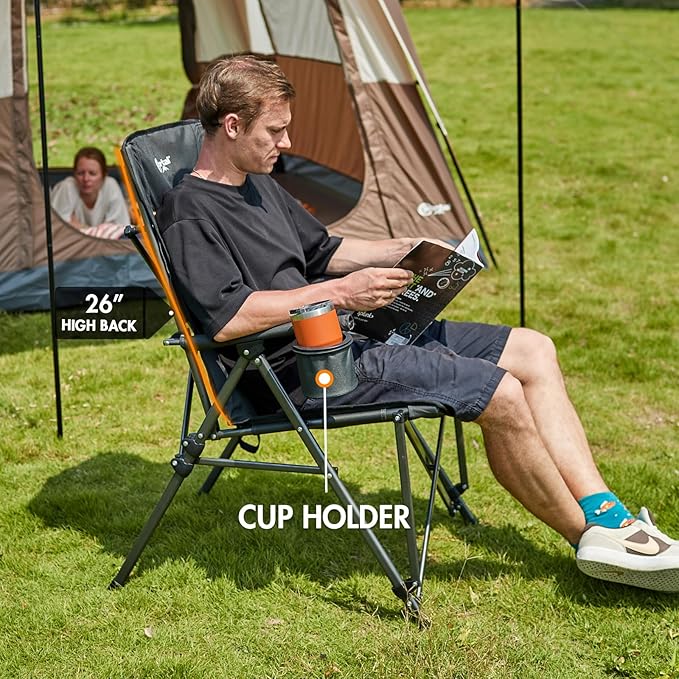 PORTAL Oversized Folding Camping Chair High Back Portable Lawn Chairs for Adults Outdoor Sports with Hard Armrest Cup HolderSupports 400LBS Black